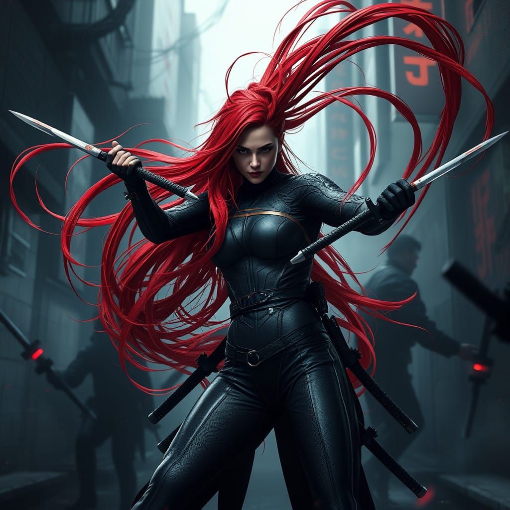 Fierce Red-Haired Superhero Battles Stealthy Ninja in Dark A...