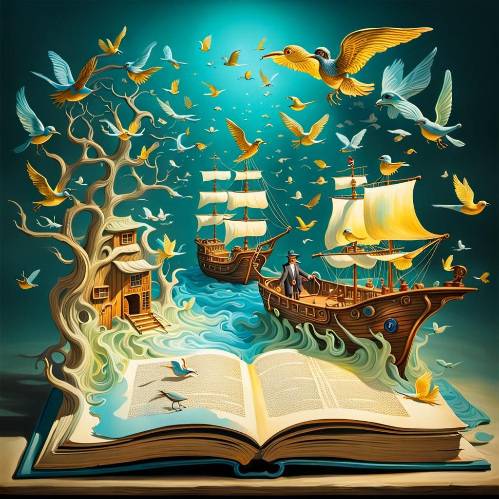 Surreal Pirate Shop Emerges from Book, Oil Painting Style