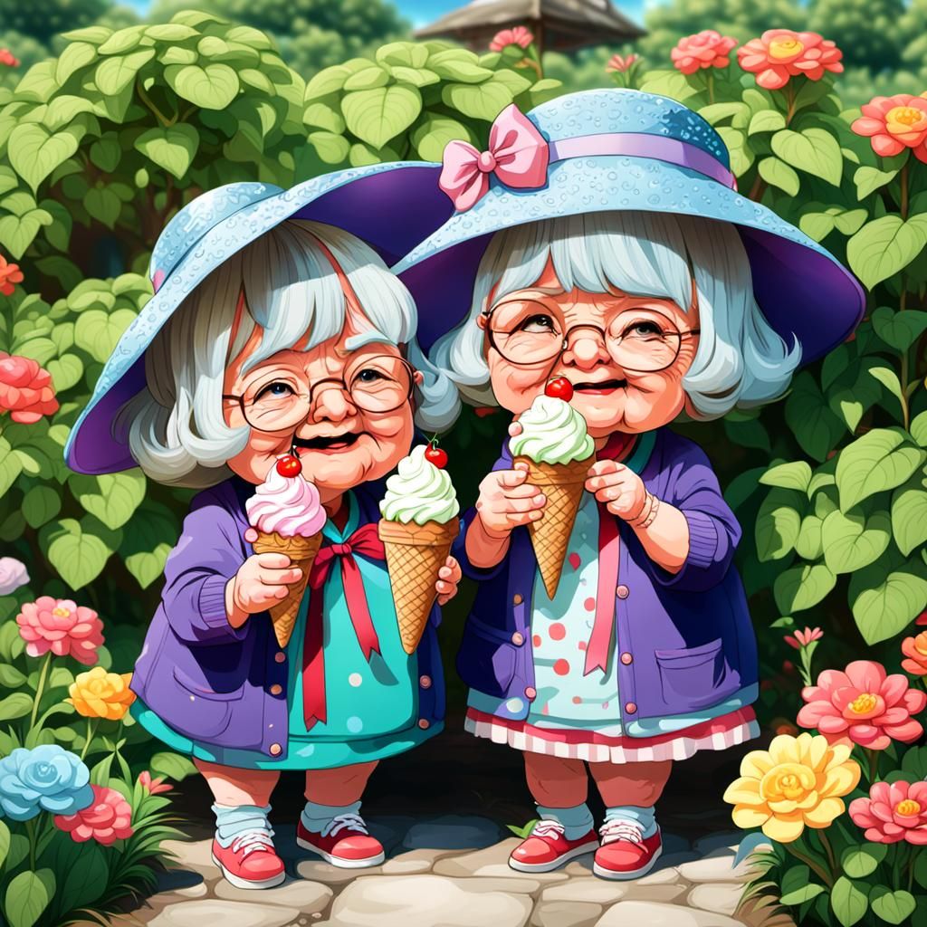 two chubby wacky chibi grandmothers wearing hats with ribbon...