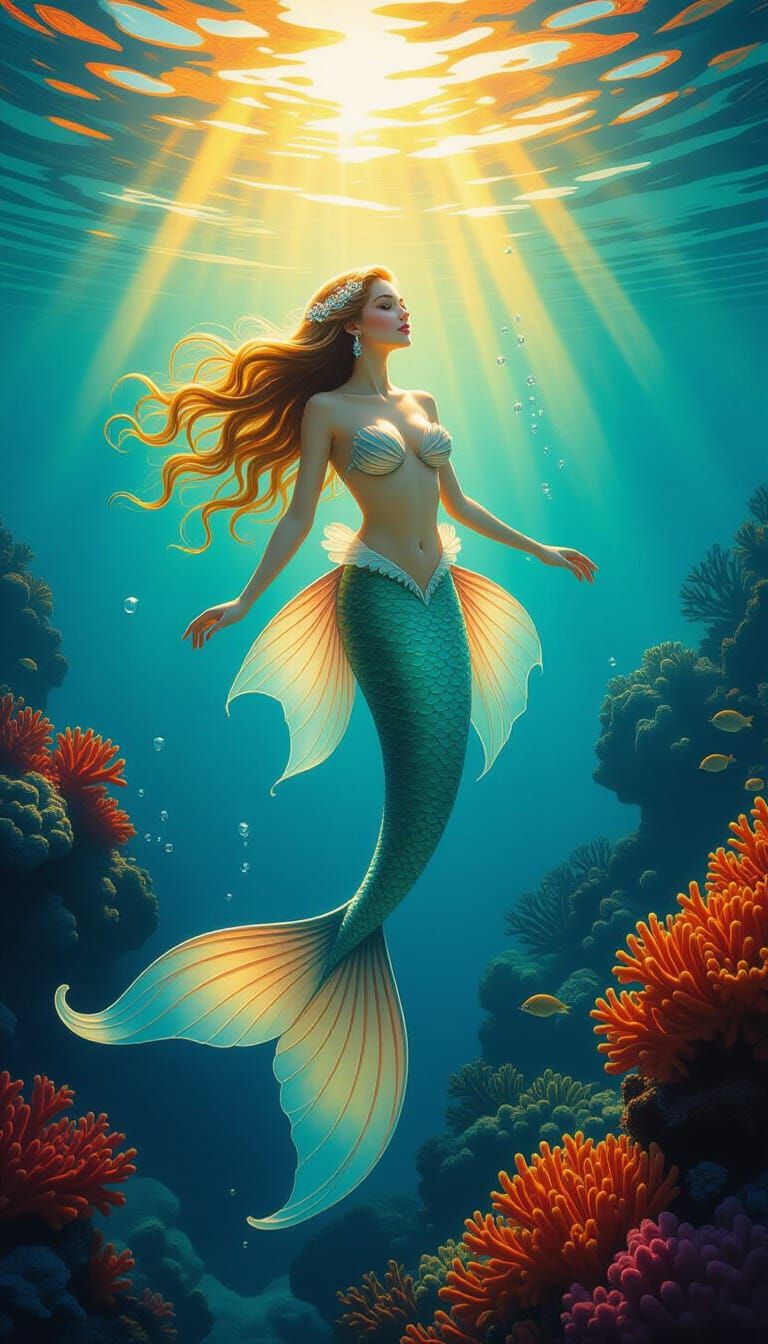 Mermaid Among Coral Reefs in Golden Sunbeams