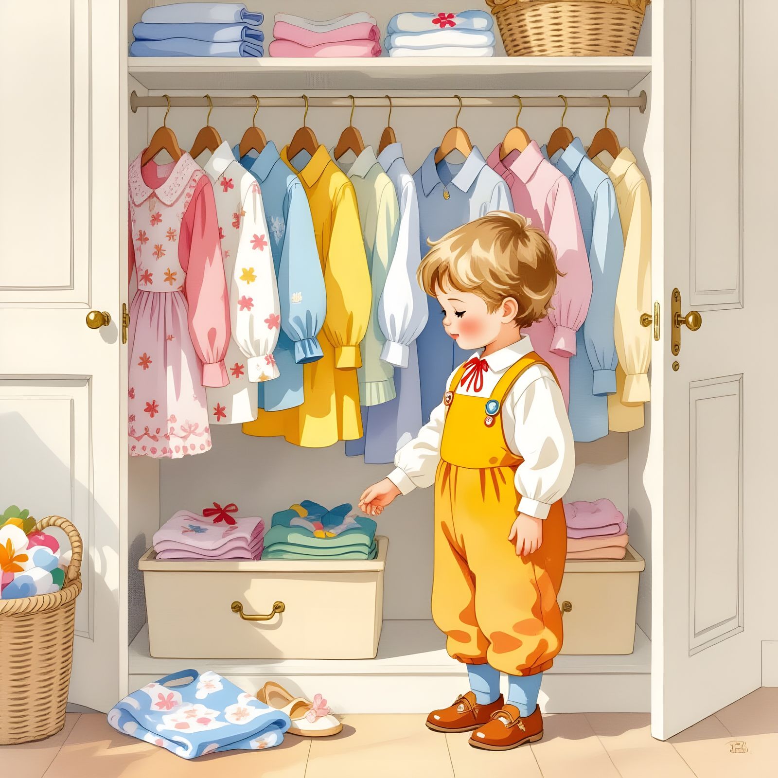 Boy Choosing Clothes, Whimsical Illustration Style