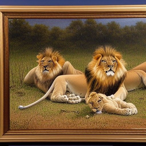 Lions Relaxing in Savannah as Oil Painting