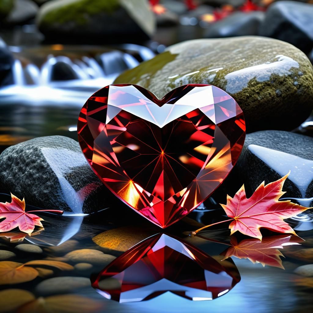 A ruby red heart with shining facets, lying on a rock in a m...