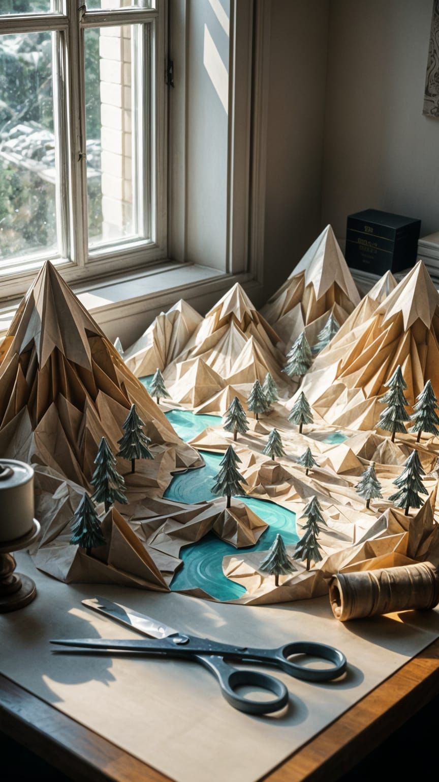 Whimsical Paper World Landscape with Desk Elements