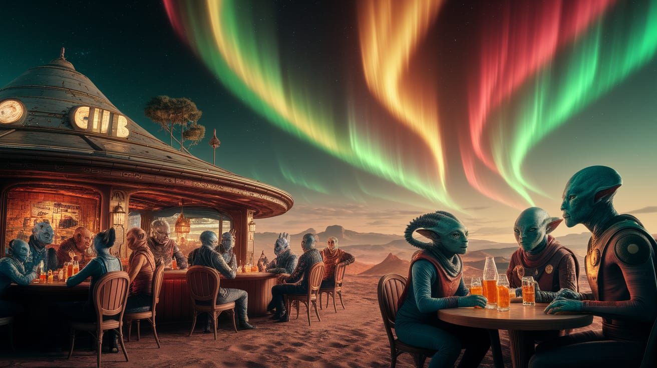 Alien Pub on Distant Planet with Vibrant Auroras