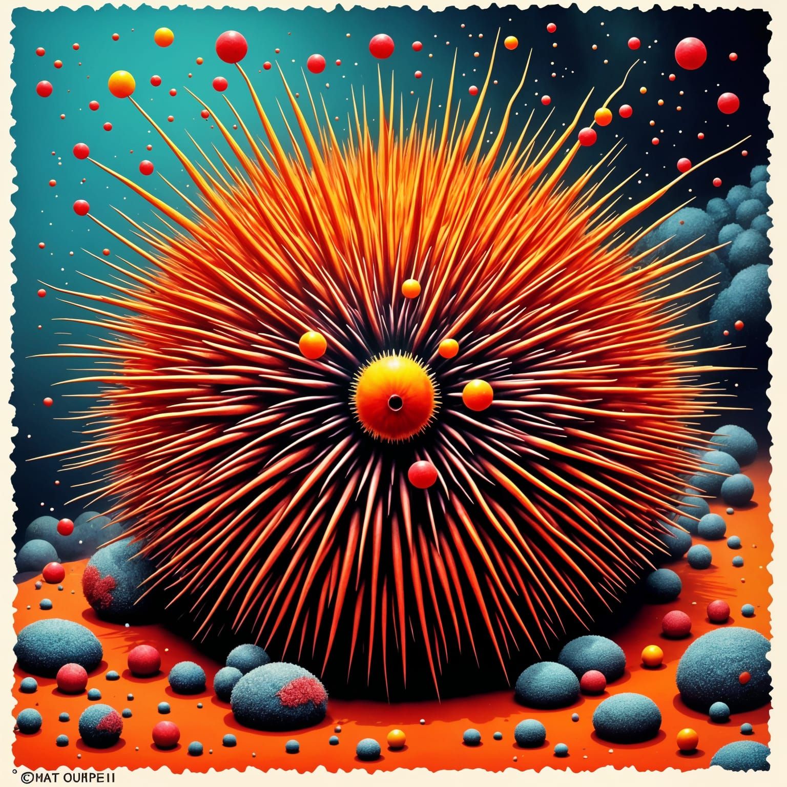 Vibrant Macro Sea Urchin Stamp in Triadic Colors
