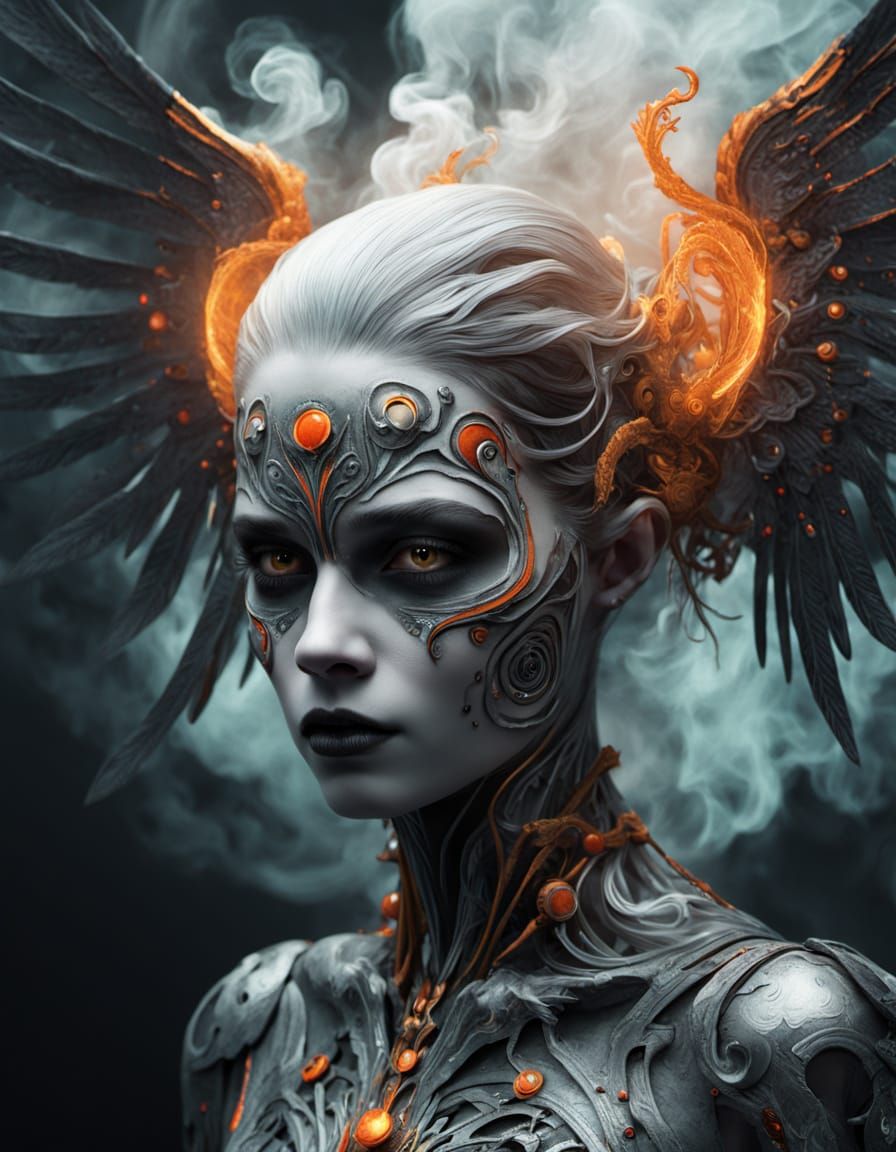 Surreal Angel Emerges from Dark, Smoky Chaos