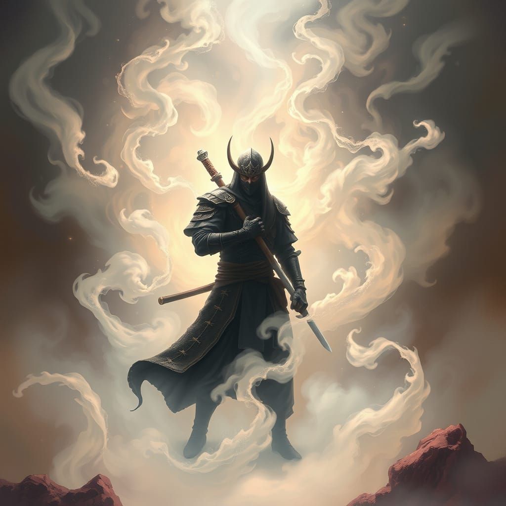 Surreal Ninja Warrior in Enchanted Fantasy Realm