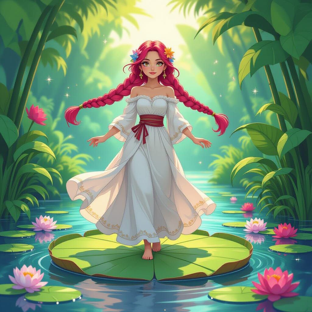 Whimsical Fantasy Girl on Lily Pad with Lush Flowers