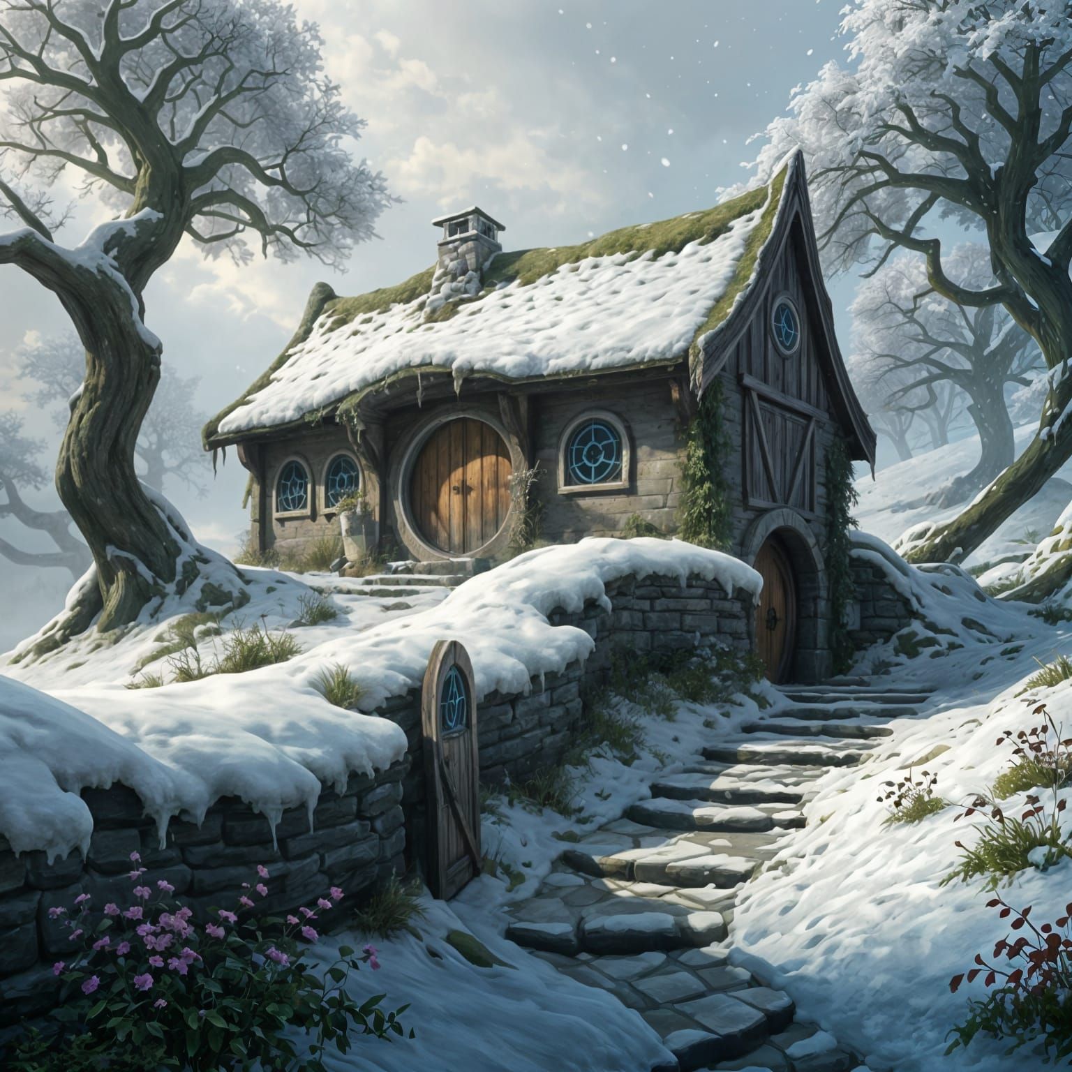 Whimsical Hobbit Homes in a Snowy Shire Landscape