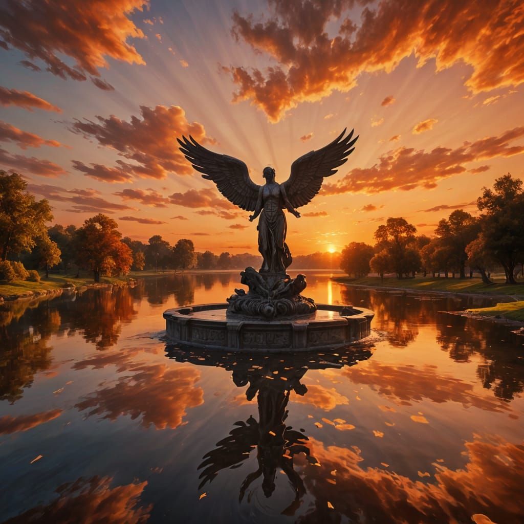 Heart-Shaped Lake Reflecting Eros Statue at Sunrise
