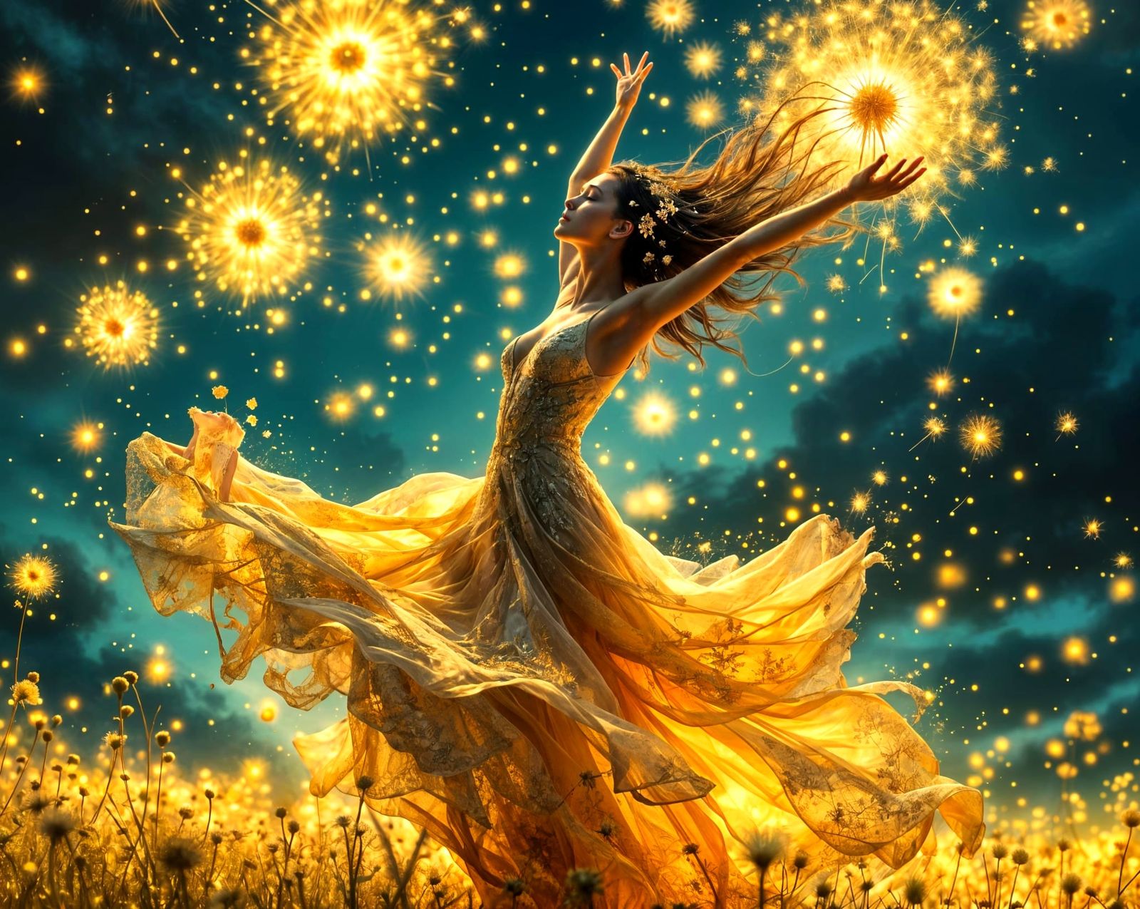 Dancer Under Dandelion Fireworks in Surreal Colors