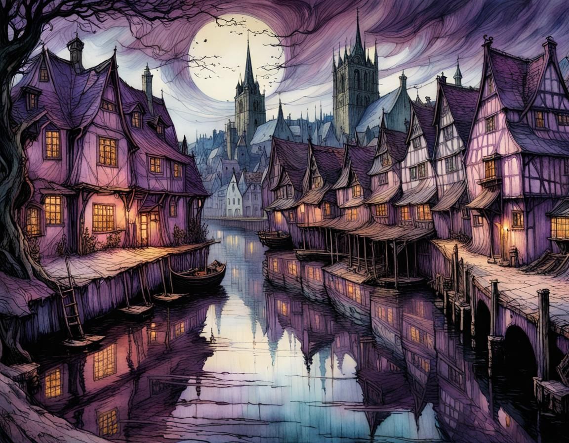 Medieval Waterside Town in Detailed Digital Art