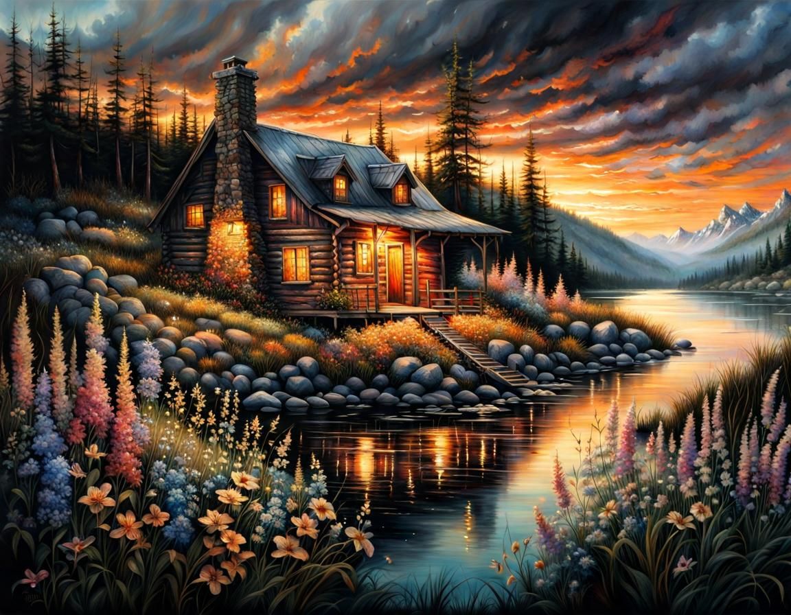 Riverside Cabin at Sunset: Hyperrealistic Landscape