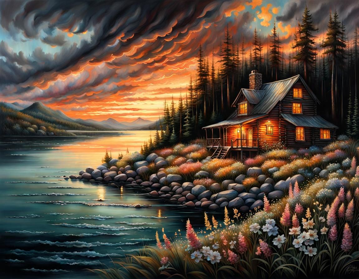 Cabin on River Edge With Wildflowers at Sunset