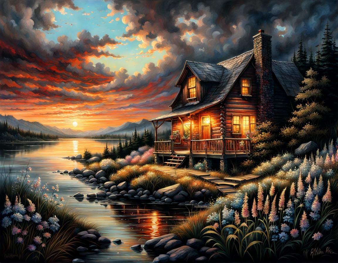 Cabin on River Edge at Sunset: Hyperrealistic Landscape