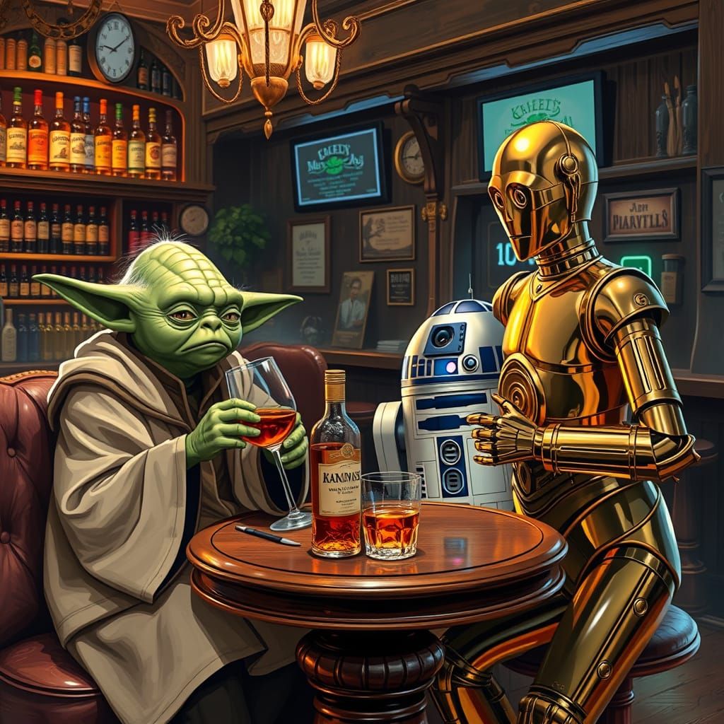 Yoda Chilling with Droids in a Pub