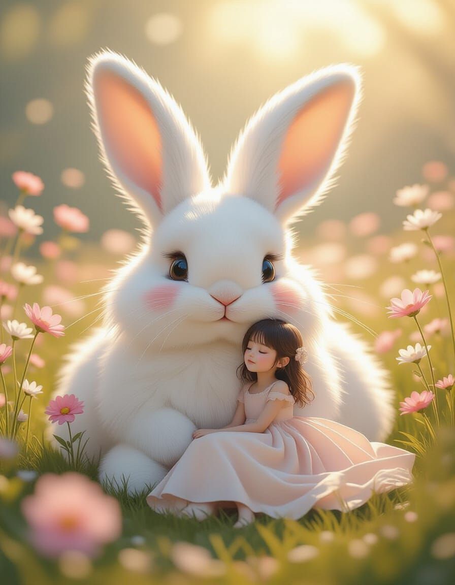 Giant Rabbit with Girl in Floral Landscape