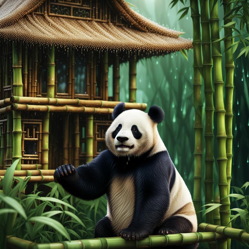 Panda near Bamboo House in Hyperrealism