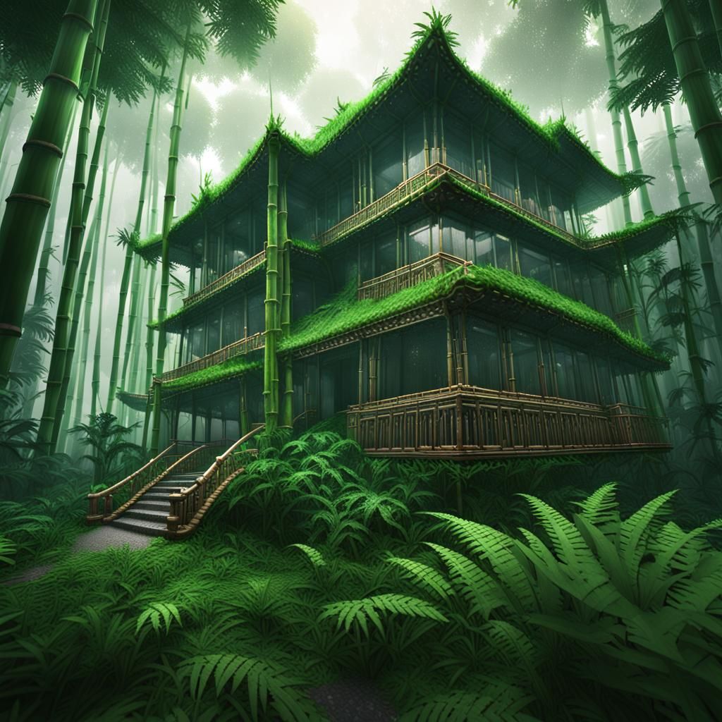 Majestic Panda House in Misty Bamboo Forest