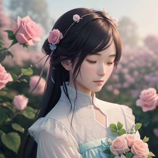 Anime Girl with Rose in Pastel Garden