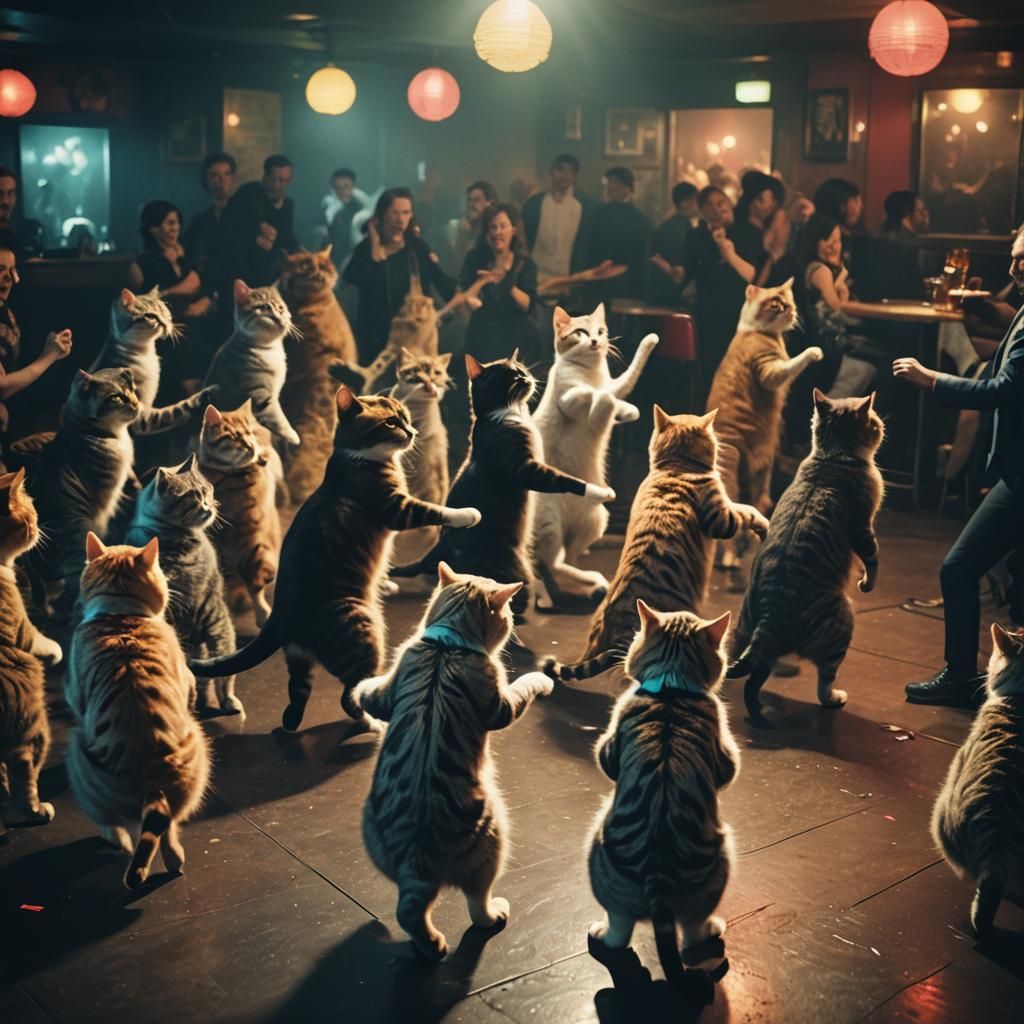 Cats Dancing at a Club in Film Still