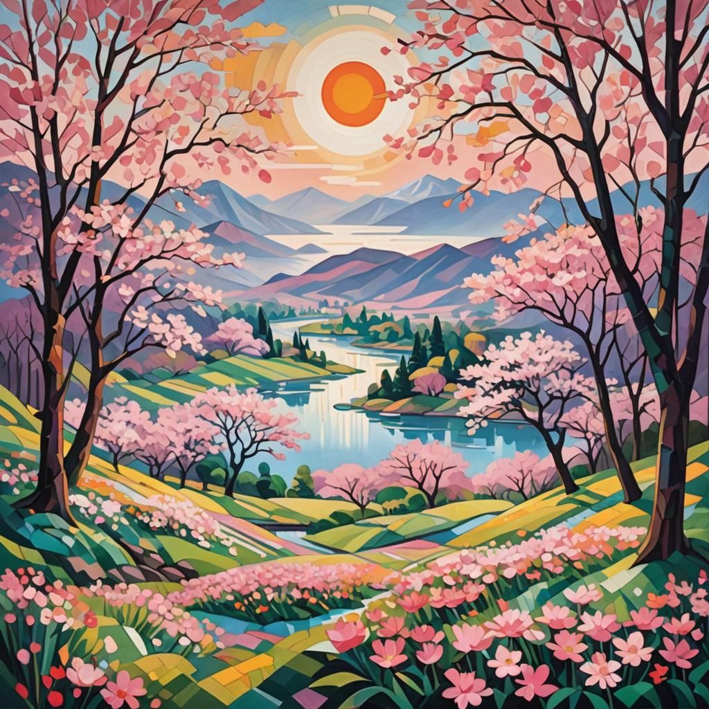 Sakura Trees in Full Bloom: A Cubist Landscape