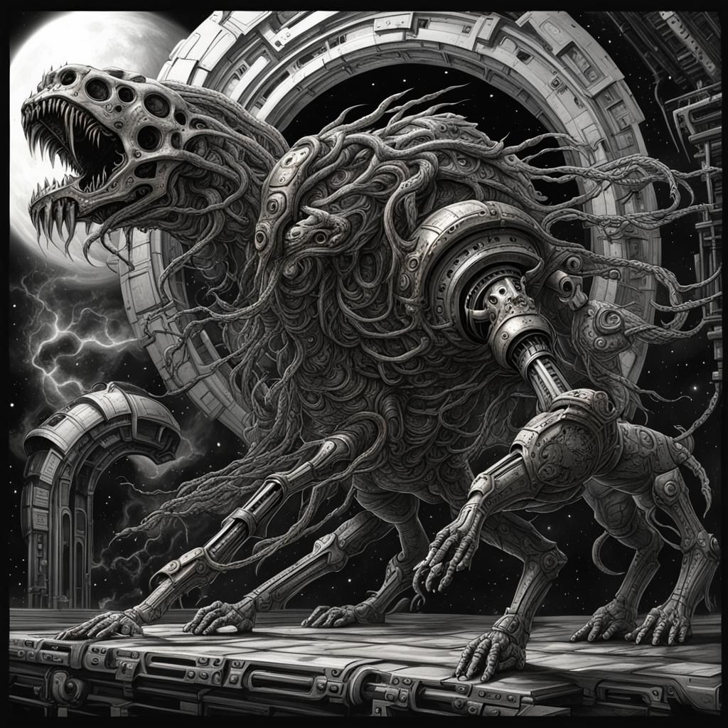 demonic cyborg female seraphim hydra centaur, exploding space station, h.r. giger style