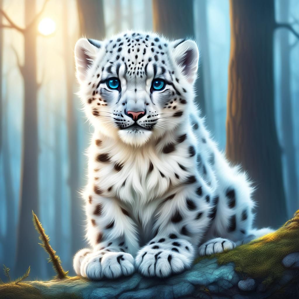 Mystical Snow Leopard Cub in Enchanted Forest
