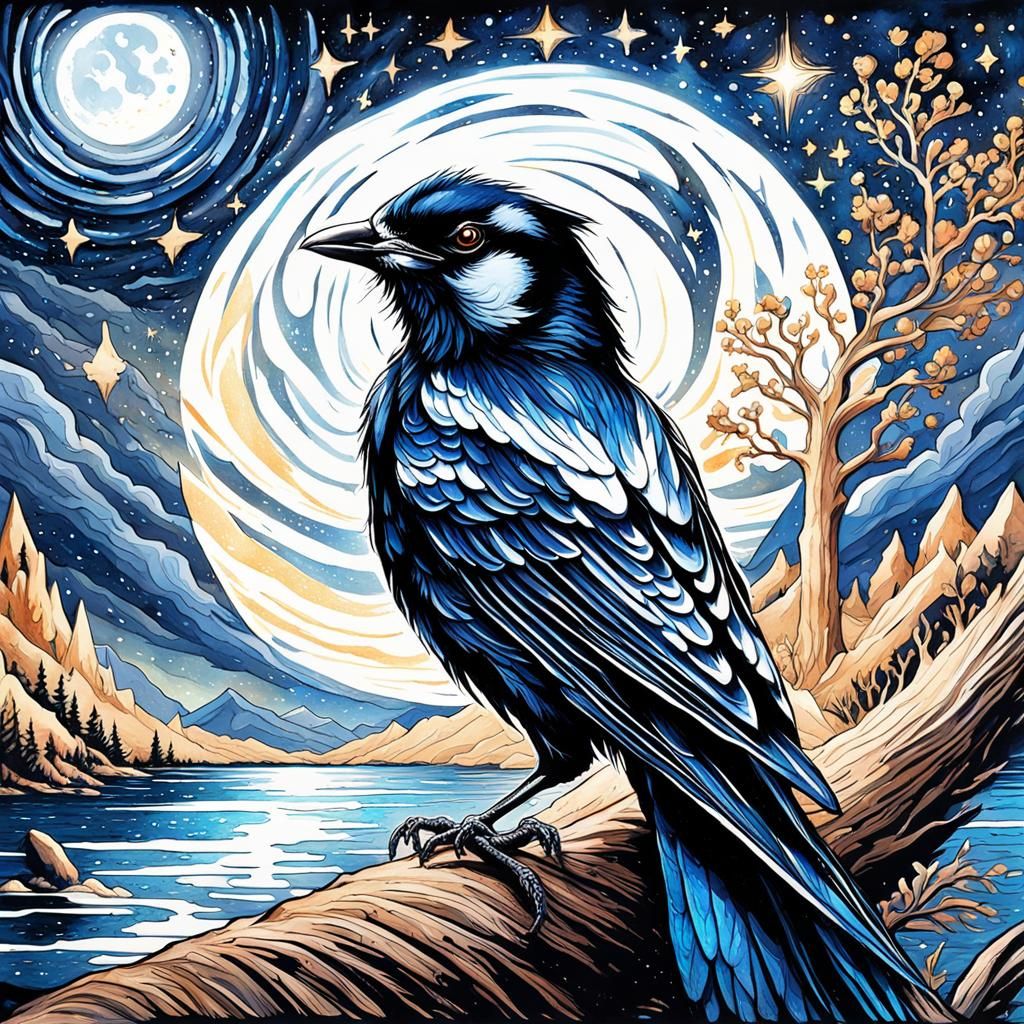 Ethereal Gothic Magpie Under Starry Night