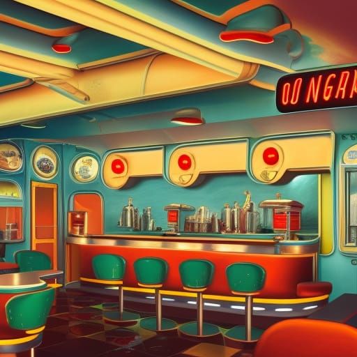 Detailed 50s Diner Interior in Matte Painting Style