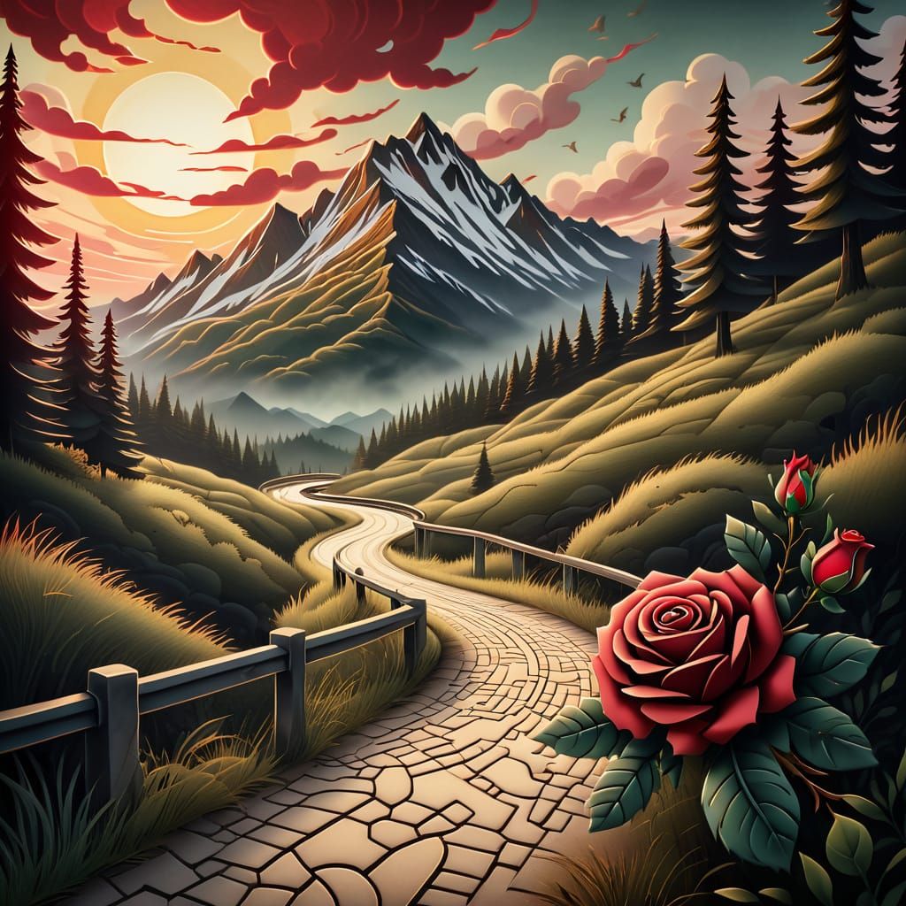 Sunrise Landscape in Neo-Traditional Tattoo Style