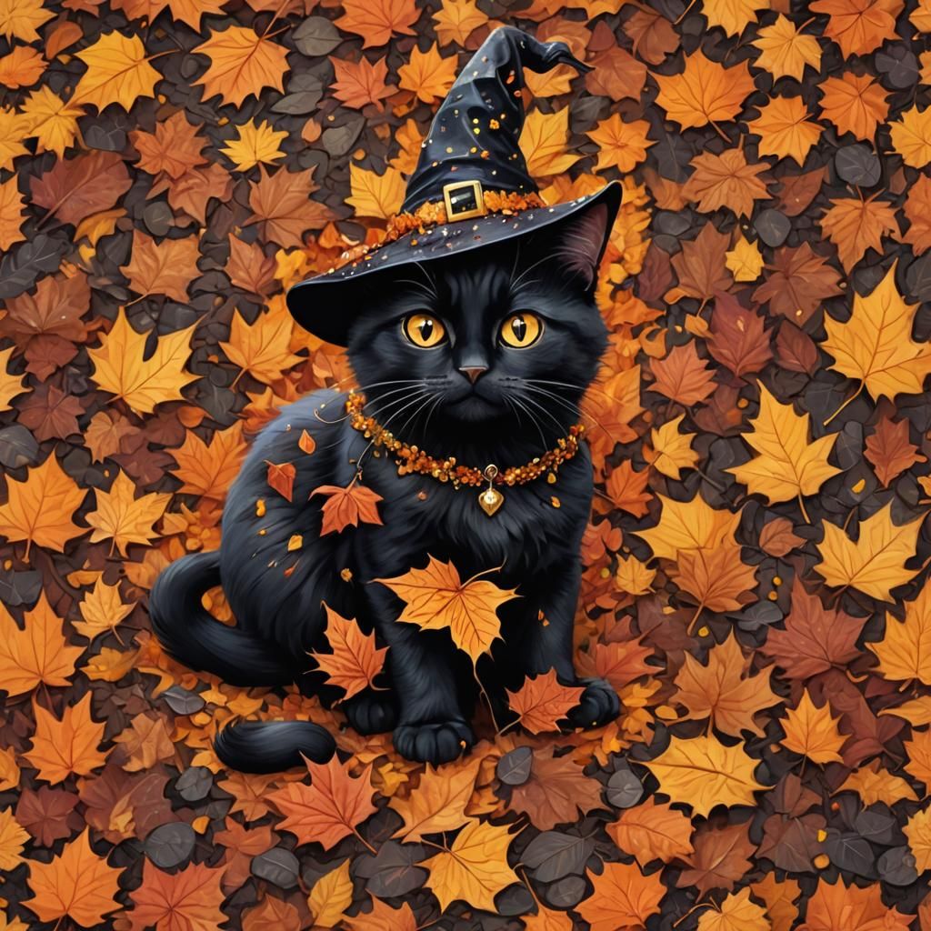 Whimsical Black Cat in Witch Hat Digital Art