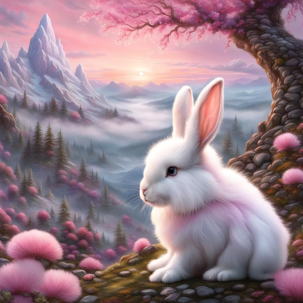 Misty Mountain Landscape with Adorable Bunny in 3D