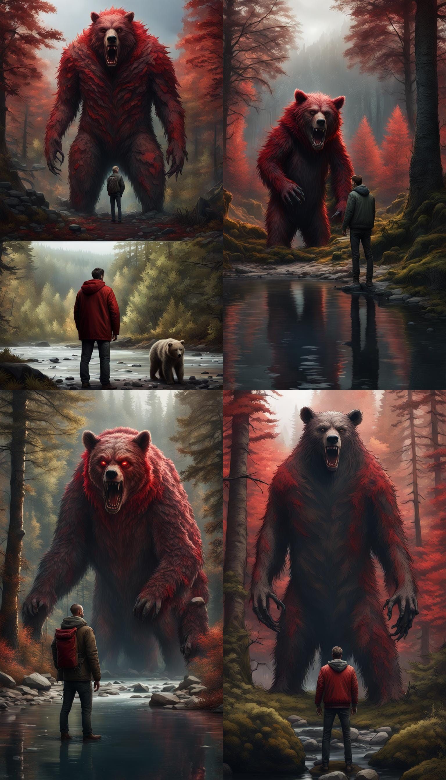 Man Confronts Bear Monster in Hyperrealistic Forest