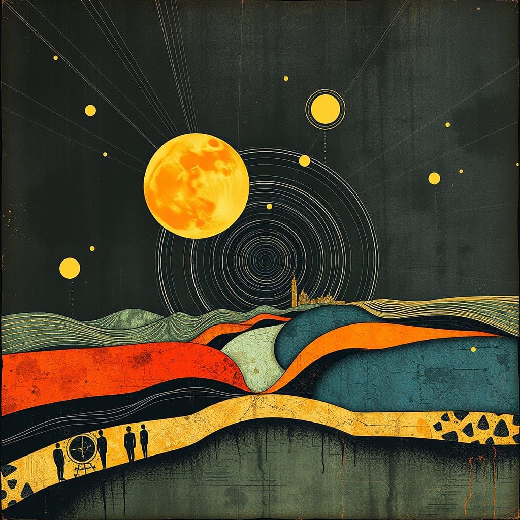 Nostalgic Memoryscape with Radial Line Art and Collage