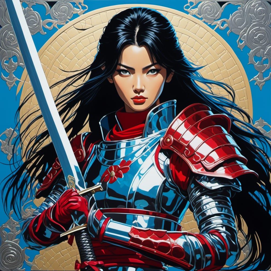 Asian Woman Samurai Armor in Expressionist Oil Painting