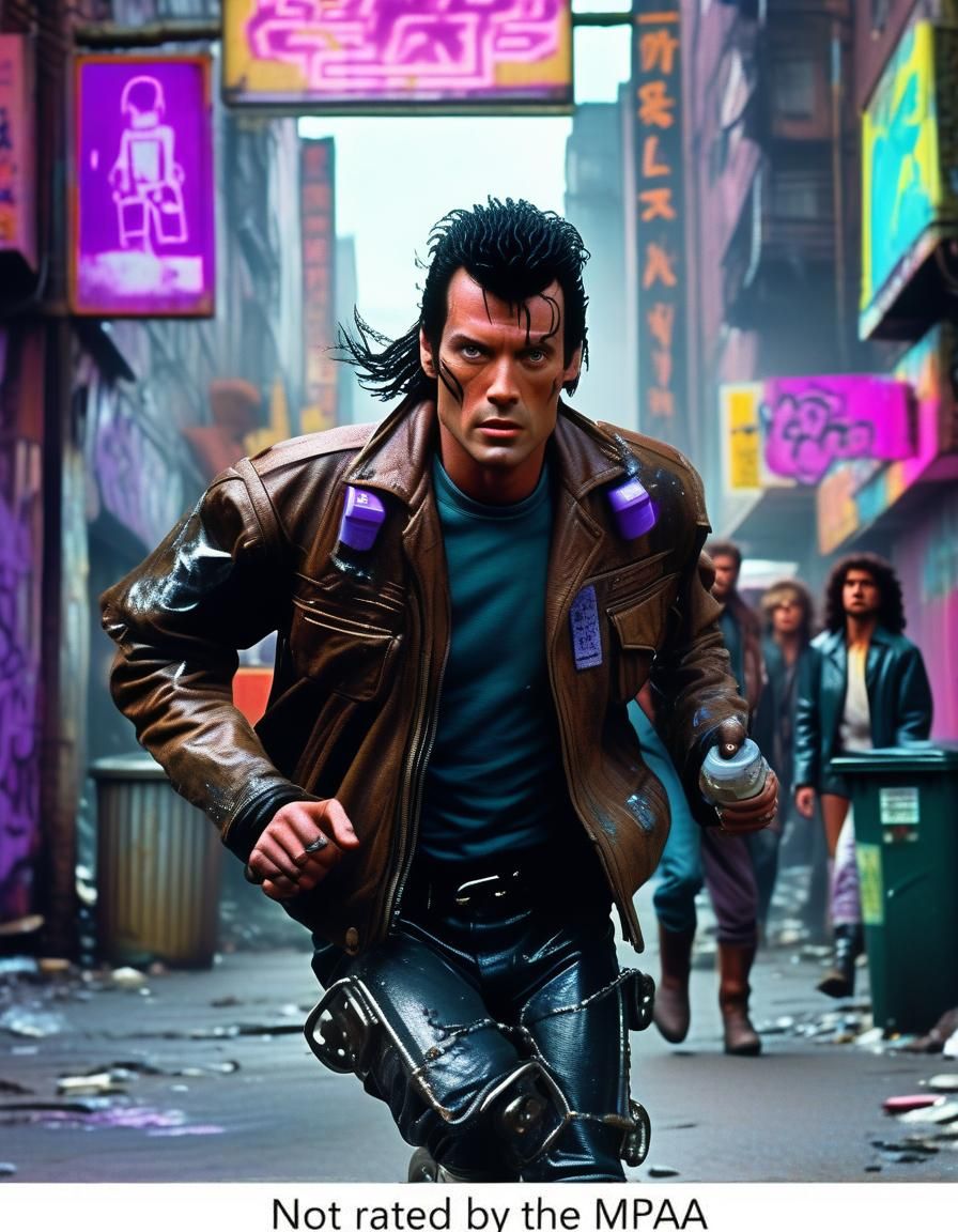 Cyborg Fugitive in 1980s VHS Style