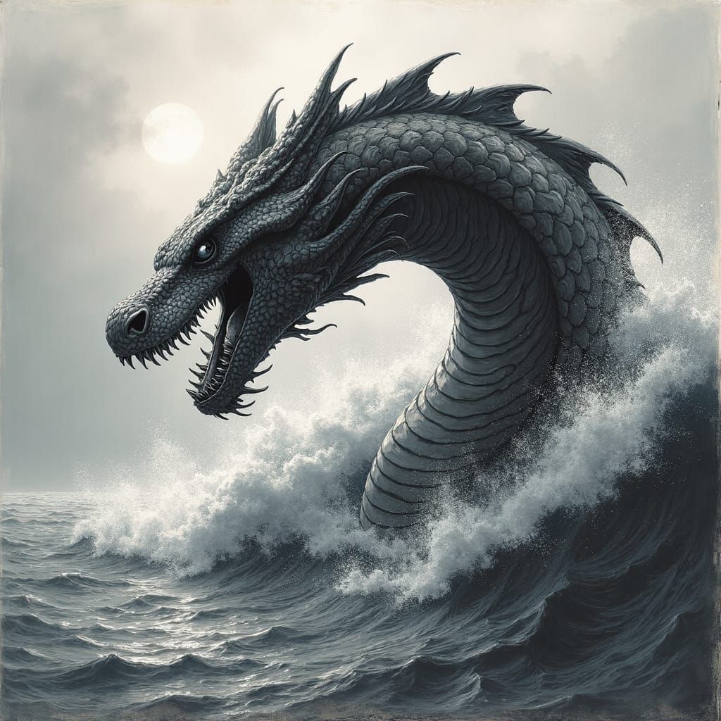 Sea Serpent Emerges: Charcoal Sketch Comic Art