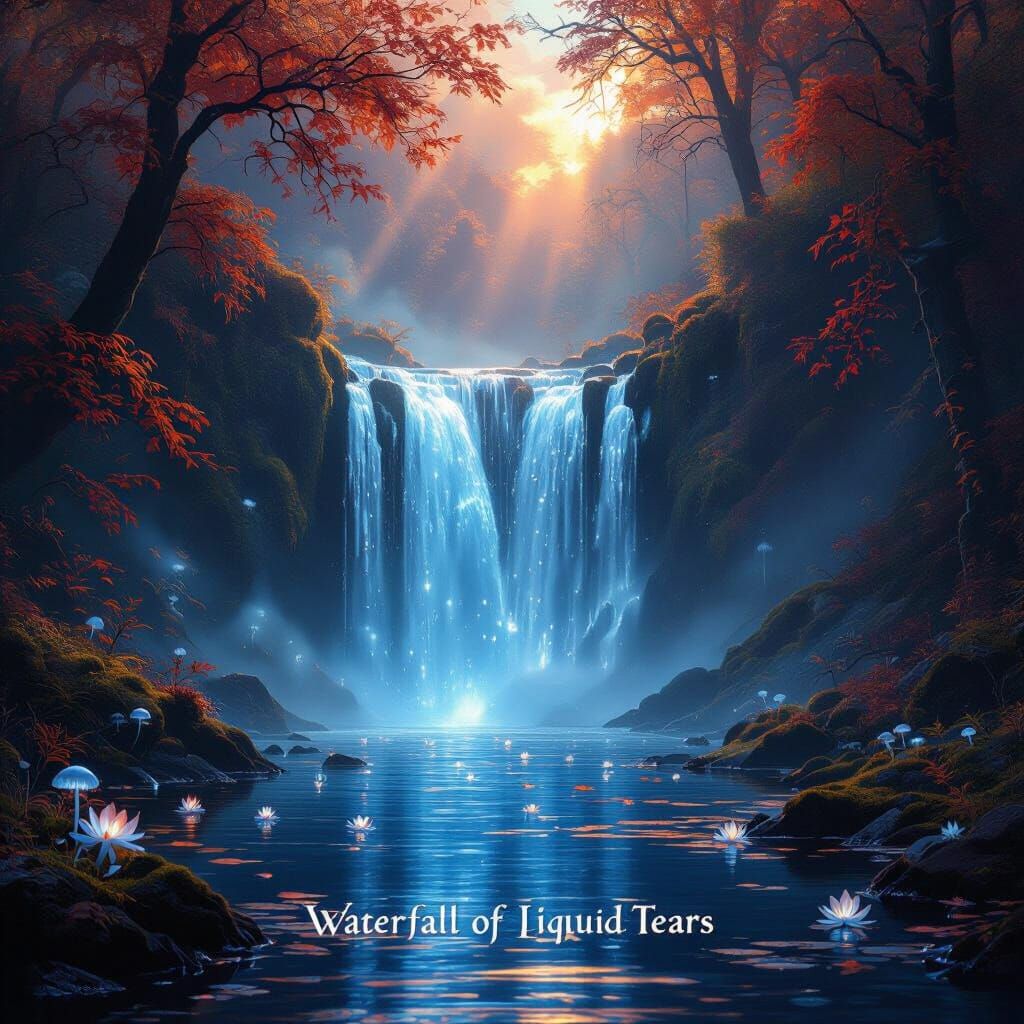 Mystical Autumn Forest Waterfall of Tears at Twilight