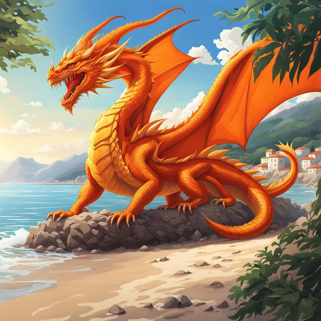 Orange Dragon on Montenegro Beach: Anime Art