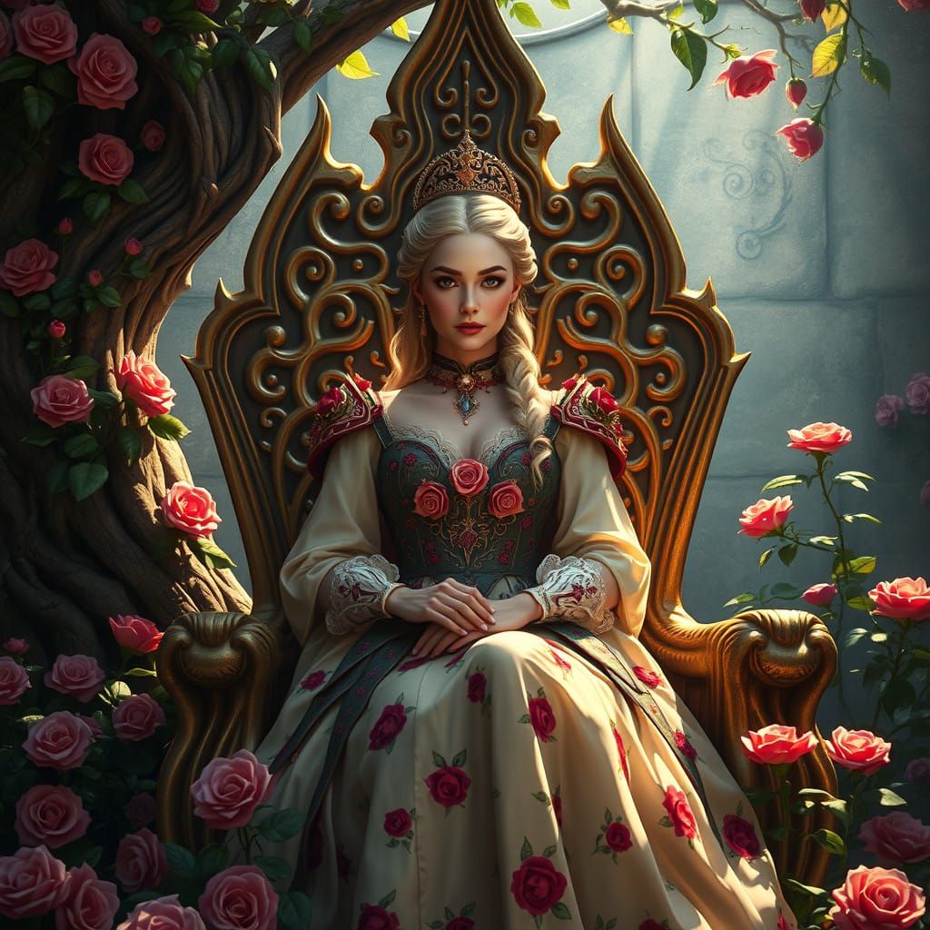 Regal Fantasy Queen Amidst Vibrant Rose Gardens