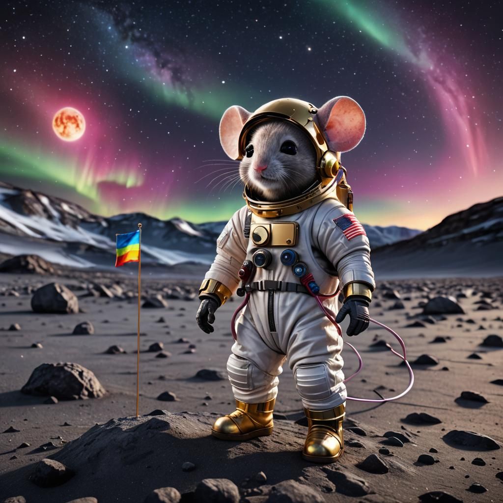 Chibi Mouse Astronaut on Moon with Aurora