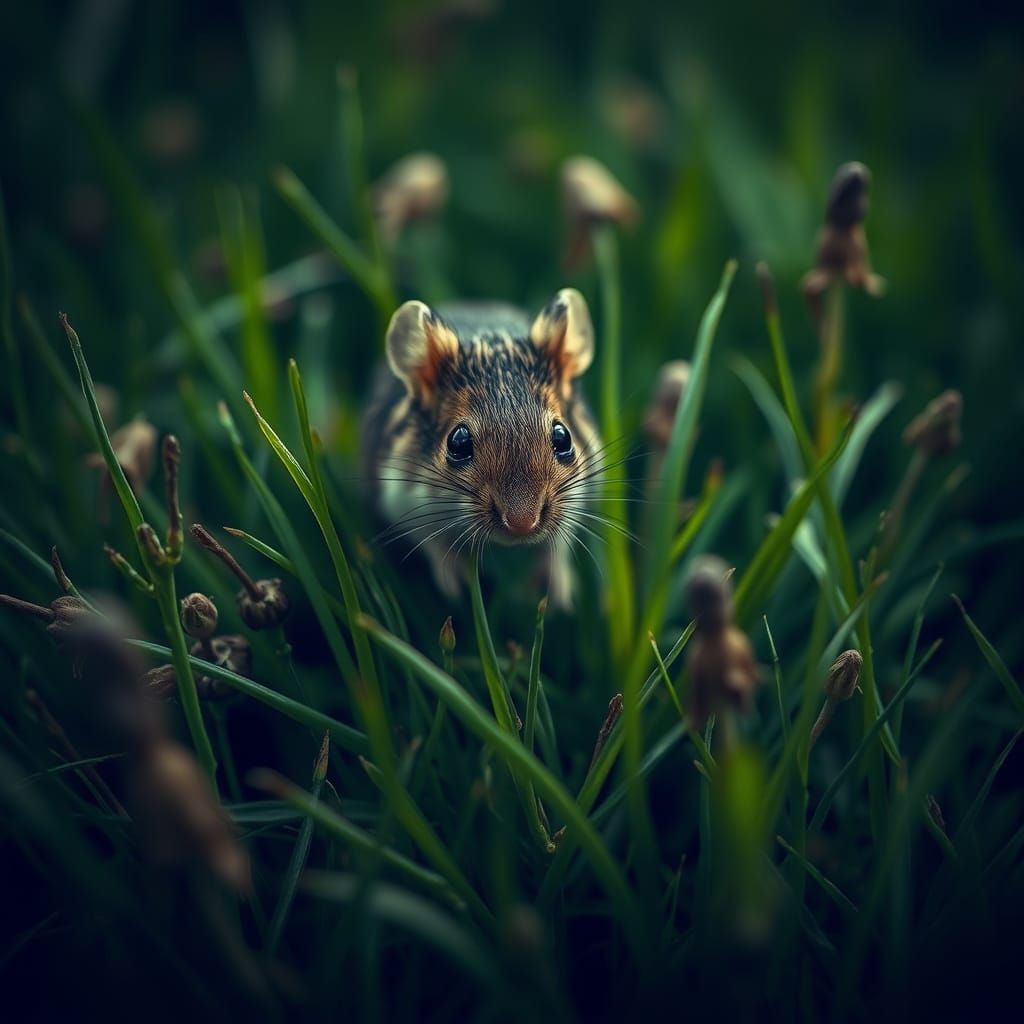 Field Mouse in Lush Meadow: Gothic Aerial View