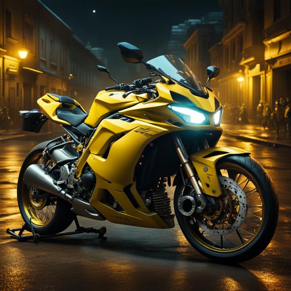 Yellow Sports Bike at Night: Digital Matte Painting