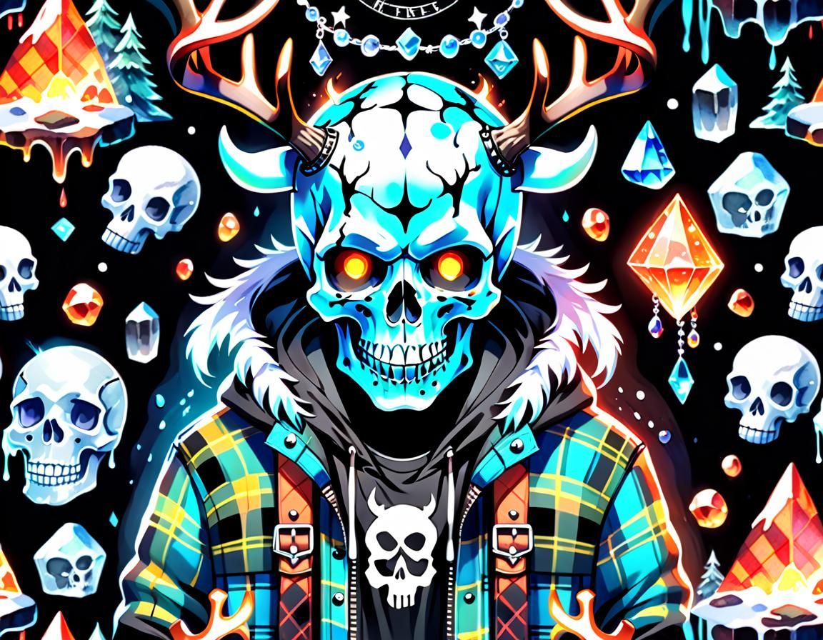 Glowing Skull with Antlers in Watercolour Plaid