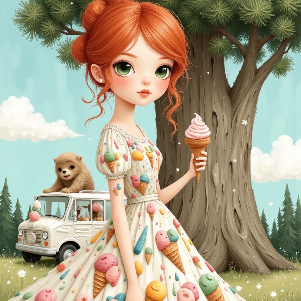 Woman with Fiery Red Hair Holding Ice Cream