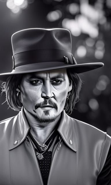 Monochrome sketch of Johnny Depp, bokeh, Epic, beautiful, photo-realistic, warm sunlight, WLOP, Artgerm, cinematic, epic...
