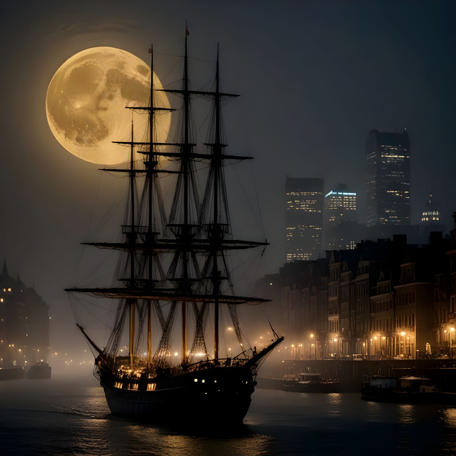 The ship sails into the city at night under a full moon