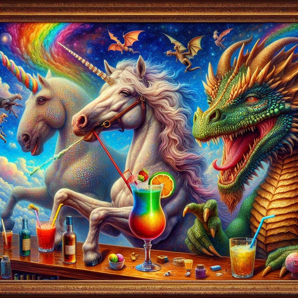 Unicorn and Dragon Drinking Cocktails: Fantasy Oil Painting